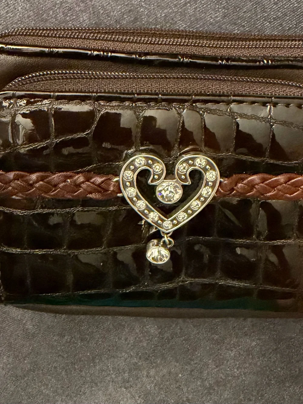 Braided Accent Patent Croc Wallet with Heart Charm - Brown